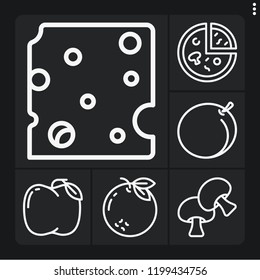 Set of 6 slice outline icons such as pizza, peach, orange, cheese, mushroom