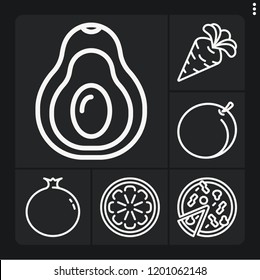 Set of 6 slice outline icons such as avocado, orange, carrot, peach, pizza