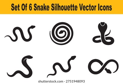 Set Of 6 Snake Silhouette Vector Icons For Medical And Wildlife Design