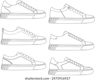 Ein Set von 6 Sneakers Skateboard Schuh Casual Sneakers Vektorgrafik Zeichnen Sneakers Illustration Street Fashion Sneakers Linie Zeichnen