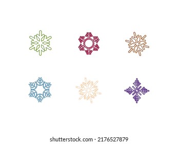 Set of 6 snowflake colorful simple icons. Pastel color simple ornament illustration. EPS 10 vector.