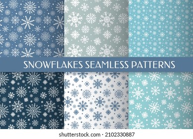 Set of 6 snowflakes seamless pattern. Christmas or winter  vector background. Easy to edit template for wrapping paper, fabric, wallpaper, etc.