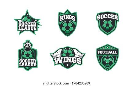 Set of 6 Soccer, football logo. Modern flat emblems for fantasy soccer, tournament, football team. Print for t-shirt, typography. Vector illustration