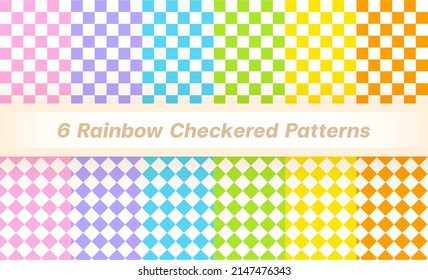Set of 6 Solid Rainbow Checkered Patterns Blue Purple Pink Orange Yellow Green Tartan Plaid Checkered Gingham Pattern Background Vector Illustration Tablecloth, Picnic mat wrap paper