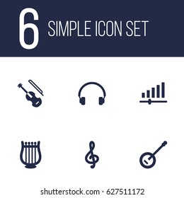 Set Of 6 Song Icons Set.Collection Of Lyre, Quaver, Earphones And Other Elements.