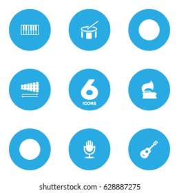 Set Of 6 Song Icons Set.Collection Of Karaoke, Tambourine, Acoustic And Other Elements.