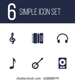 Set Of 6 Song Icons Set.Collection Of Banjo, Earphones, Amplifier And Other Elements.