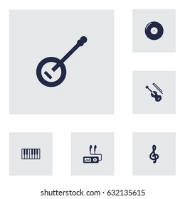 Set Of 6 Song Icons Set.Collection Of Banjo, Retro Disc, Audio Device And Other Elements.