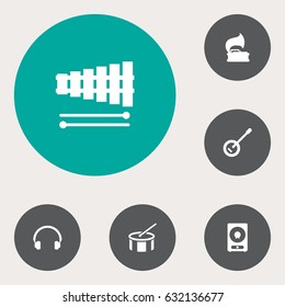 Set Of 6 Song Icons Set.Collection Of Banjo, Turntable, Tambourine And Other Elements.