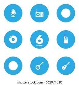 Set Of 6 Song Icons Set.Collection Of Karaoke, Banjo, Rhythm Motion And Other Elements.