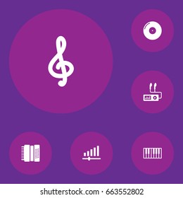 Set Of 6 Song Icons Set.Collection Of Harmonica, Octave Keyboard, Audio Device And Other Elements.