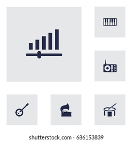 Set Of 6 Song Icons Set.Collection Of Turntable, Knob, Banjo And Other Elements.