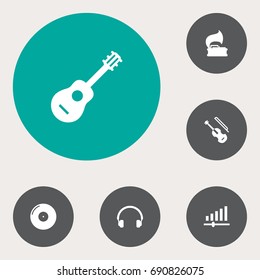 Set Of 6 Song Icons Set.Collection Of Fiddle, Acoustic, Earphones And Other Elements.