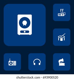 Set Of 6 Song Icons Set.Collection Of Earphones, Turntable, Radio And Other Elements.