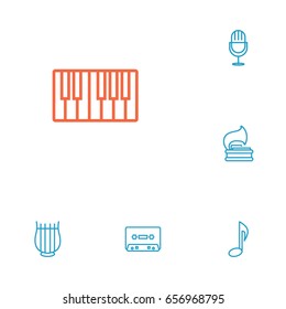 Set Of 6 Song Outline Icons Set.Collection Of Fortepiano, Amplifier, Stringed And Other Elements.