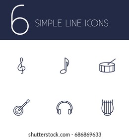 Set Of 6 Song Outline Icons Set.Collection Of Stringed, Guitar, Headphones And Other Elements.