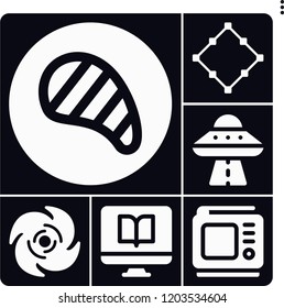 Set of 6 space filled icons such as square, cyclone, computer, ufo, steak
