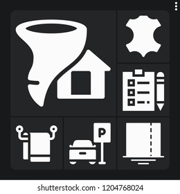 Set of 6 space filled icons such as leather, square, towel, notepad, hurricane