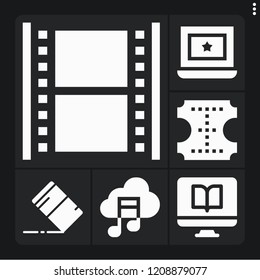 Set of 6 space filled icons such as eraser, computer, film, cloud, leather