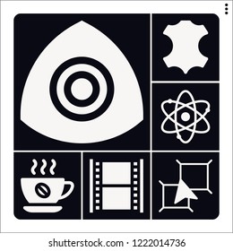 Set of 6 space filled icons such as leather, layers, big bang theory, coffee, film