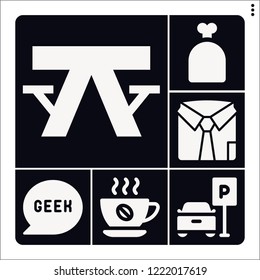 Set of 6 space filled icons such as sack, shirt, geek, coffee, picnic table