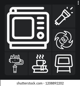 Set of 6 space outline icons such as painter, cyclone, table, coffee, tv
