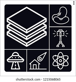 Set of 6 space outline icons such as beans, layers, spotlight, meteorite, big bang theory