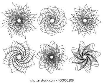 set of 6 spirally, rotating shapes. abstract geometric forms, elements