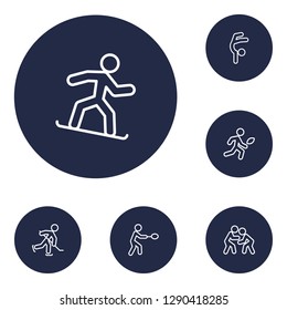 Set of 6 sport icons line style set. Collection of snowboarding, wrestling, tennis and other elements.