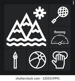 Set of 6 sport outline icons such as gloves, match, mountains, speed, ball