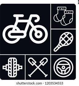 Set of 6 sport outline icons such as steering wheel, tire, bike, socks, kayak
