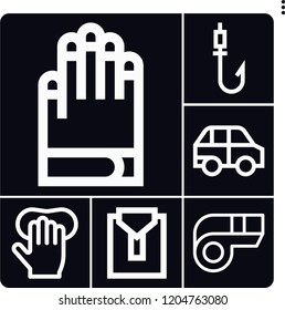 Set of 6 sport outline icons such as gloves, car, whistle, fishing rod