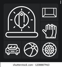 Set of 6 sport outline icons such as tire, gloves, car, hockey goal, timer