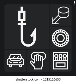 Set of 6 sport outline icons such as gloves, car, matches, tyre, puck