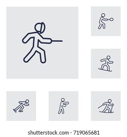 Set Of 6 Sport Outline Icons Set.Collection Of Rocket, Ski Running, Snowboard And Other Elements.