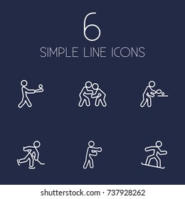 Set Of 6 Sport Outline Icons Set.Collection Of Batting, Pong Ping, Snowboard And Other Elements.