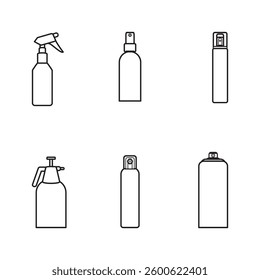 Set of 6 spray bottle icons, including trigger, pump, and aerosol types. Ideal for cleaning, cosmetics, and product design projects.