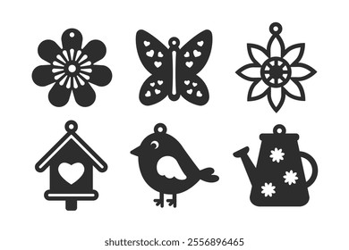 Set of 6 spring designs for earrings, pendant or keychain. Jewelry silhouette cut template. Laser cutting with leather, wood or metal. Vector stencils