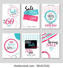 Juego de 6 tarjetas de descuento de primavera. Puede ser utilizado para venta de medios sociales, afiche, volante, correo electrónico, boletín informativo, anuncios, material promocional. Plantilla de banner móvil.