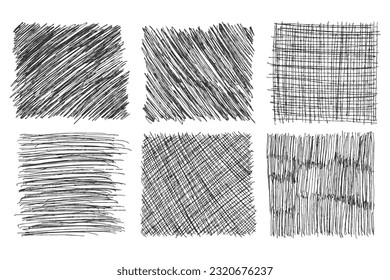 Set of 6 square elements doodle strokes isolated on white background. Pencil strokes, diagonal, horizontal, vertical strikethroughs.