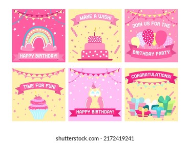 Set of 6 square posters and postcards for children's birthday. Isolated on white background. Postcards for girls with rainbows, cupcakes, gifts, balloons and stars. Invitation to  children's party.