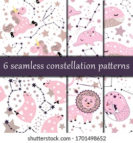Set of 6 star constellation seamless patterns. Cute childish style. Vector illustrations. Unicorn, dolphine, whale, polar bear, lion, fox. Elements on white. Gift paper and textile print concept.