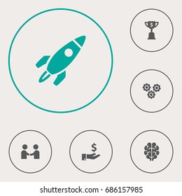 Set Of 6 Startup Icons Set.Collection Of Rocket, Sponsor, Gear And Other Elements.