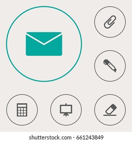 Set Of 6 Stationery Icons Set.Collection Of Knife, Whiteboard, Mail And Other Elements.