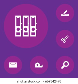 Set Of 6 Stationery Icons Set.Collection Of Zoom Glasses, Binder, Pencil And Other Elements.