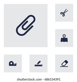 Set Of 6 Stationery Icons Set.Collection Of Sticky, Clippers, Rubber And Other Elements.