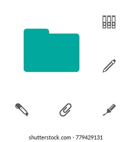 Set Of 6 Stationery Icons Set.Collection Of Knife, Highlighter, Folder And Other Elements.