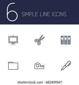 Set Of 6 Stationery Outline Icons Set.Collection Of File Folder, Scissors, Pen And Other Elements.
