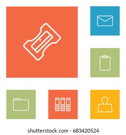Set Of 6 Stationery Outline Icons Set.Collection Of Portfolio, Clipboard, Binder Clip And Other Elements.