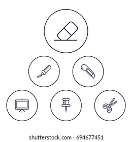 Set Of 6 Stationery Outline Icons Set.Collection Of Scissors, Cutter, Marker And Other Elements.